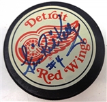 Len Red Kelly Autographed Red Wings Large Logo Puck