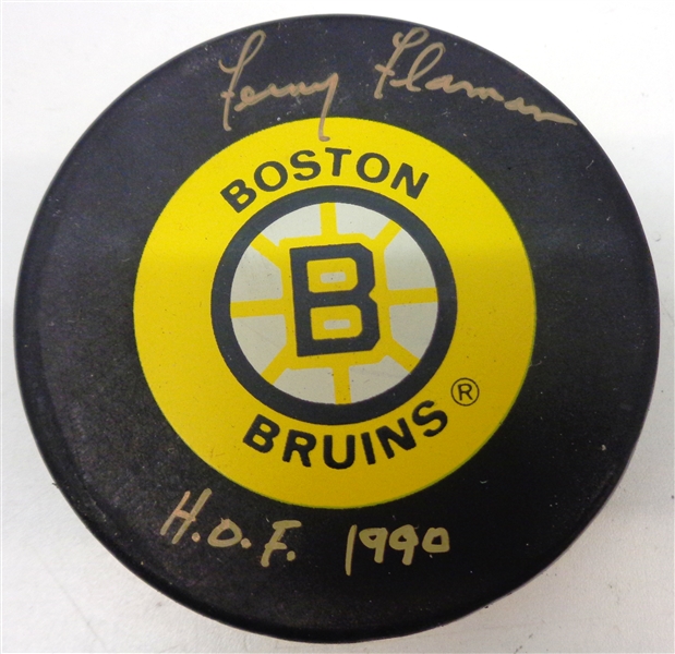 Fern Flaman Autographed Bruins Puck