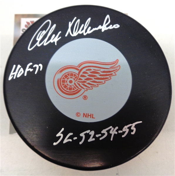 Alex Delvecchio Autographed Red Wings Puck w/ HOF & SC