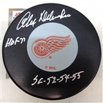 Alex Delvecchio Autographed Red Wings Puck w/ HOF & SC