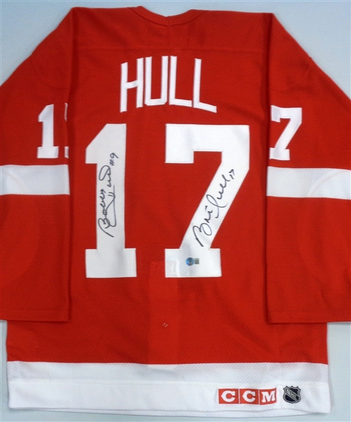 Brett & Bobby Hull Autographed Red Wings Jersey