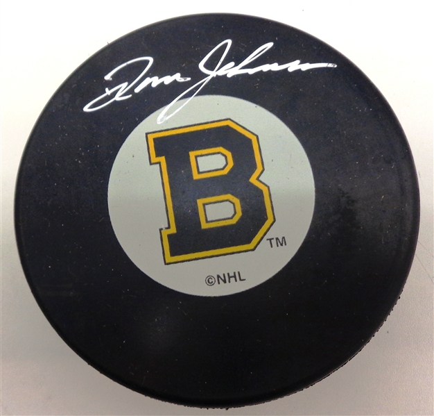 Tom Johnson Autographed Bruins Puck