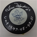 Gus Mortson Autographed Maple Leafs Puck w/ Cup Years