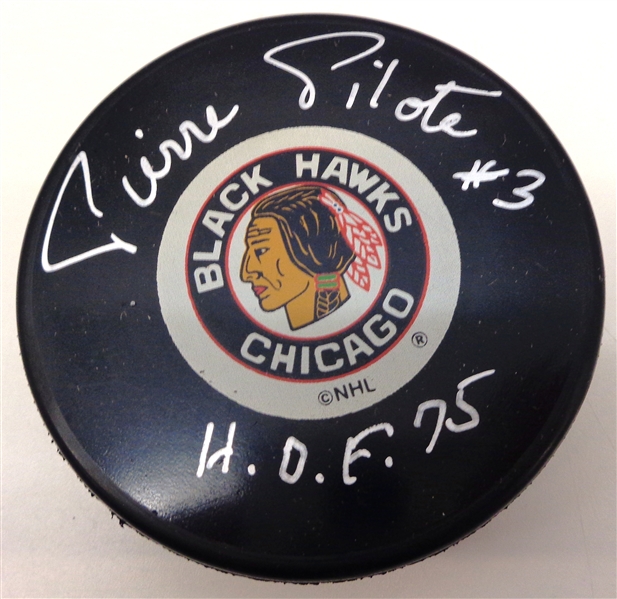 Pierre Pilote Autographed Blackhawks Puck