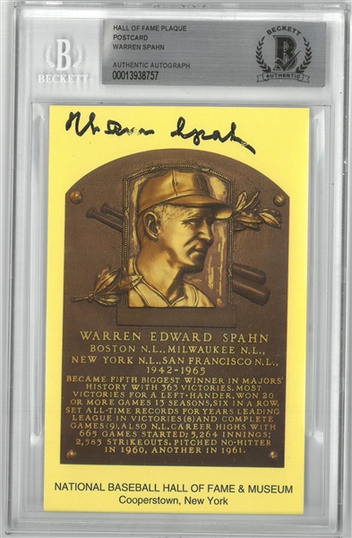 Warren Spahn Autographed Hall of Fame Plaque