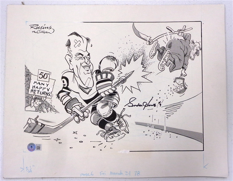 Gordie Howe Autographed 50th Birthday Cartoon
