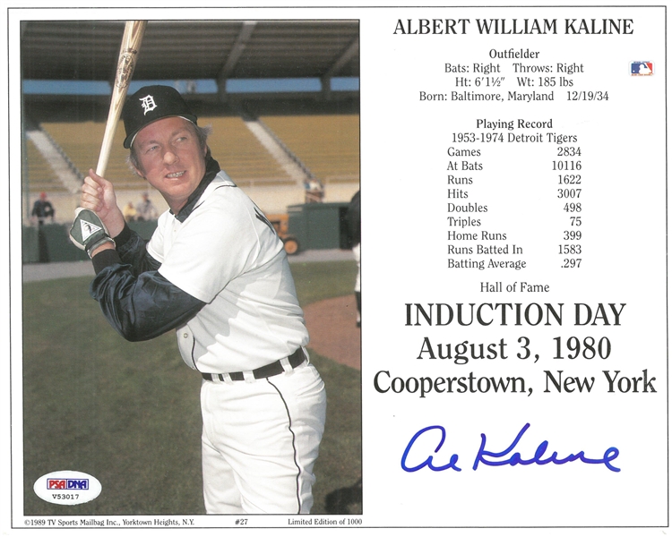 Al Kaline Autographed 8x10 HOF Induction Card