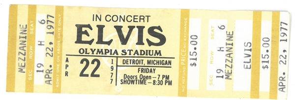 Elvis Presley Final Tour Ticket from Olympia Stadium