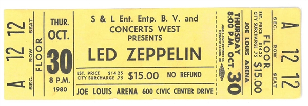 Led Zeppelin October 1980 Full Unused Ticket
