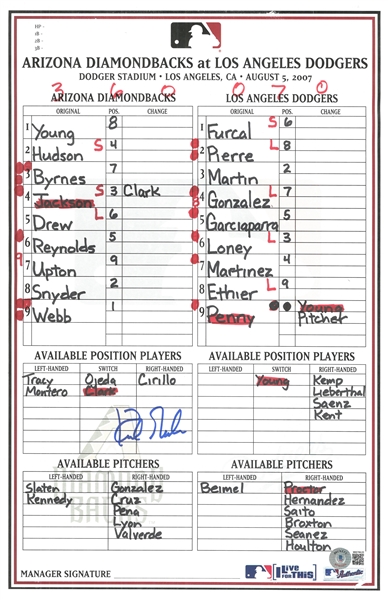 Kirk Gibson Autographed 8/5/07 Lineup Card
