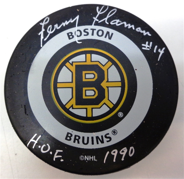 Fern Flaman Autographed Bruins Puck