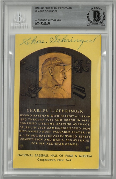 Charlie Gehringer Autographed Hall of Fame Plaque