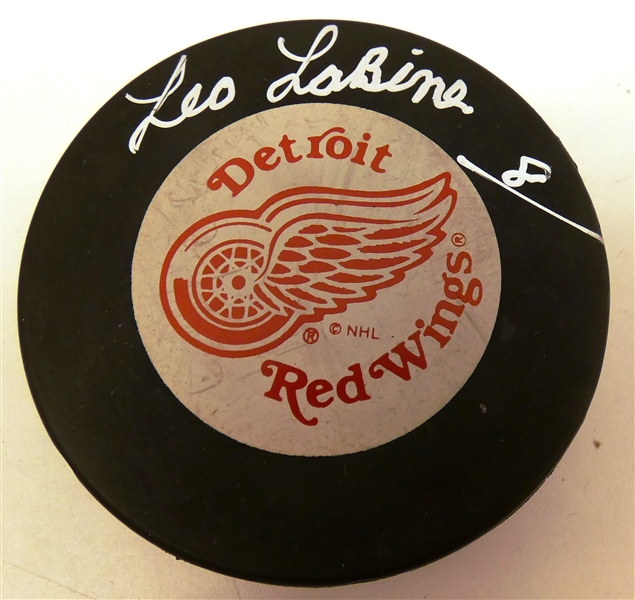 Leo Labine Autographed Red Wings Puck