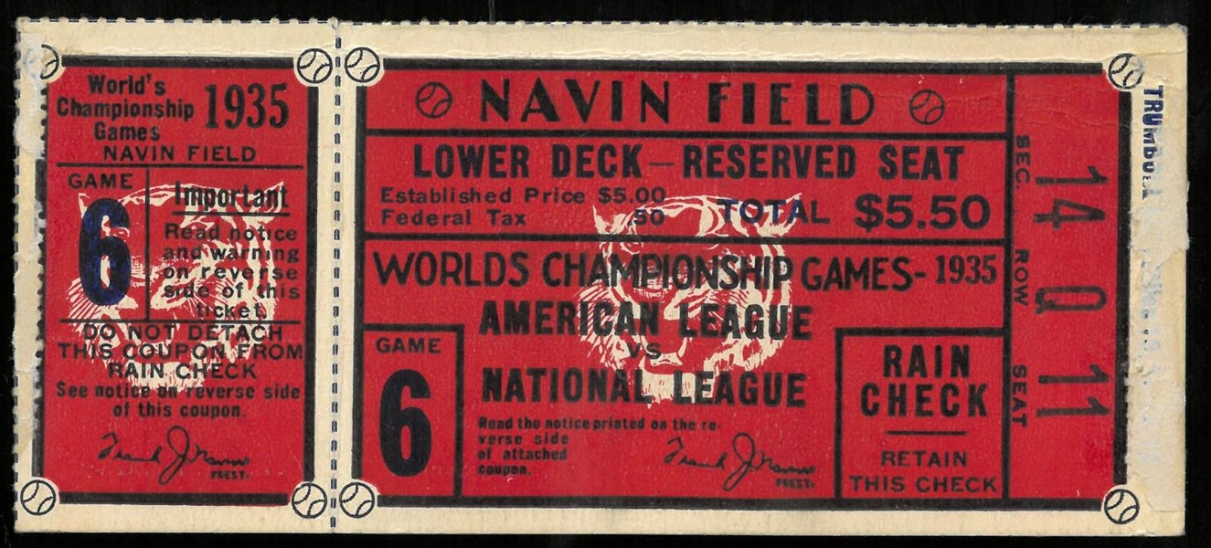 1935 World Series Ticket - Tigers vs Cubs