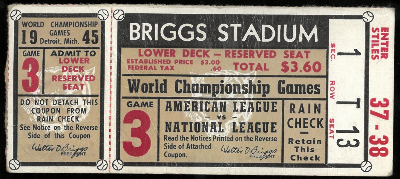 1945 World Series Ticket - Tigers vs Cubs