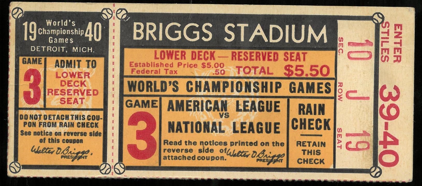 1940 World Series Ticket - Tigers vs Reds