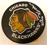 Gus Mortson Autographed Blackhawks Puck