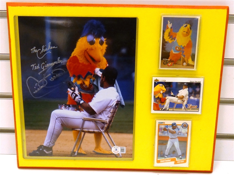 Cecil Fielder & The Famous Chicken Autographed Plaque