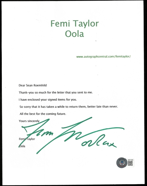 Femi Taylor Signed Letter