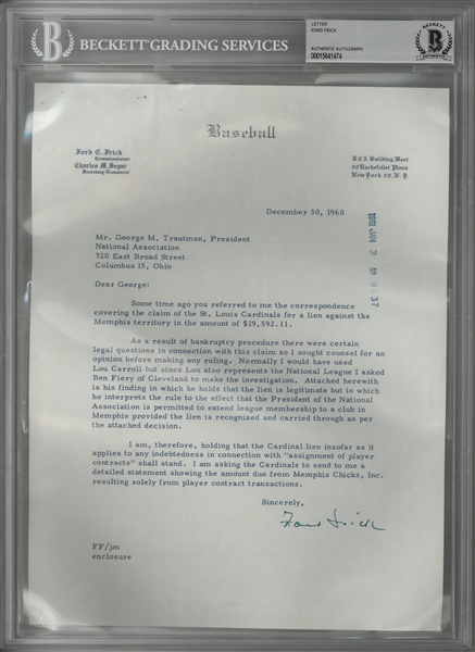 Ford Frick Signed Letter