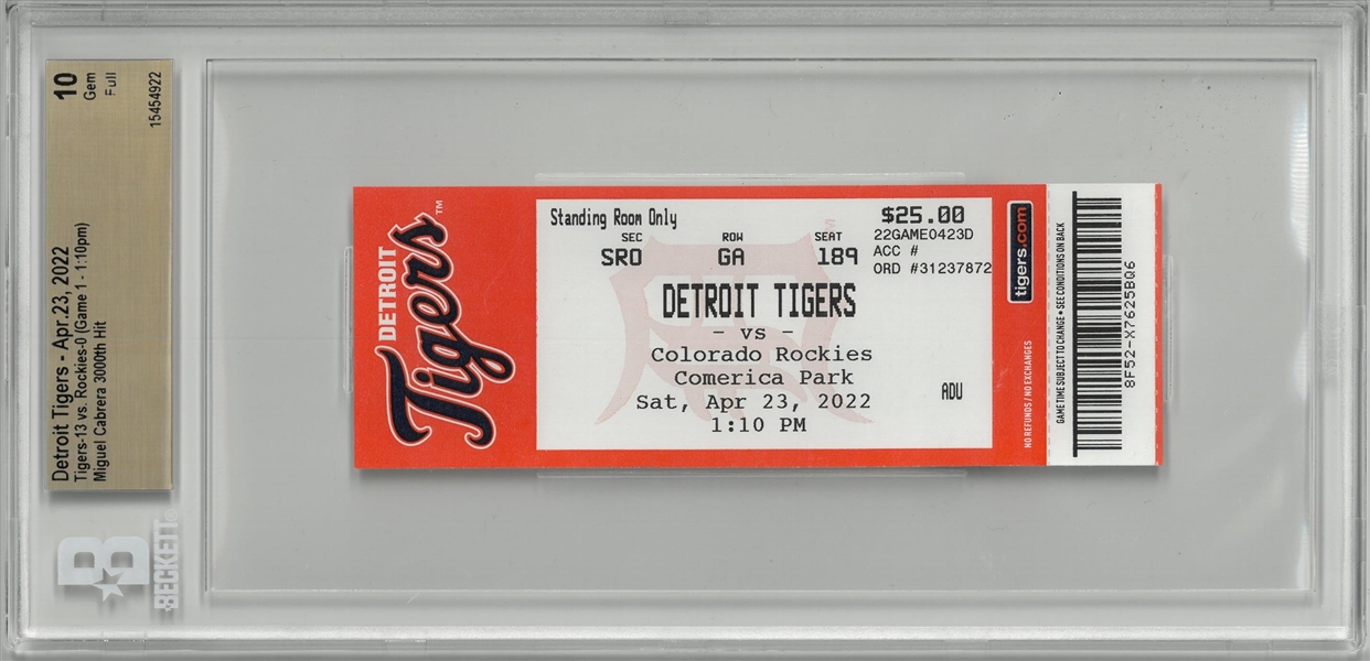 Miguel Cabrera Gem Mint 10 3000th Hit Ticket