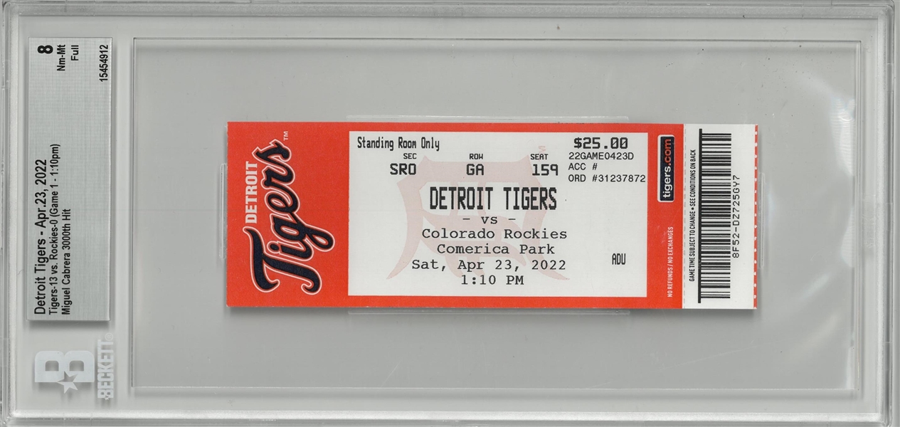 Miguel Cabrera BGS 8 3000th Hit Ticket