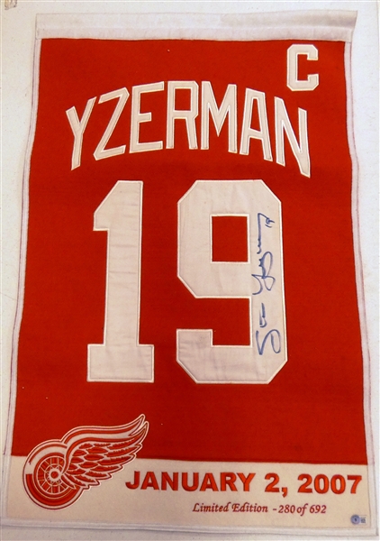 Large Autographed Steve Yzerman Retirement Wool Banner