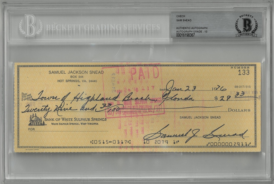 Sam Snead Signed Check "10" Autograph