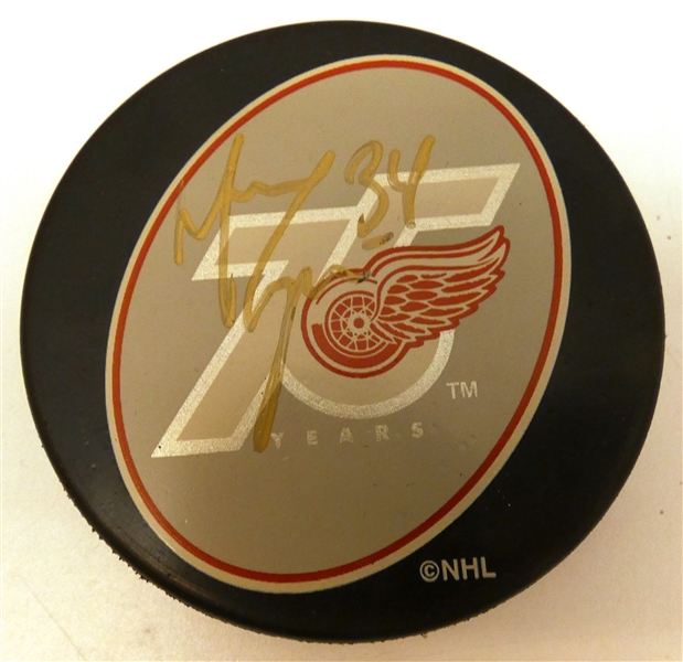Manny Legace Autographed Red Wings 75 Puck