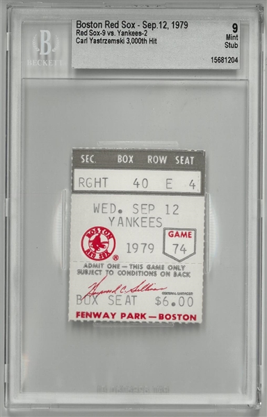 Carl Yastrzemski 3000th Hit BGS 9 Mint Ticket