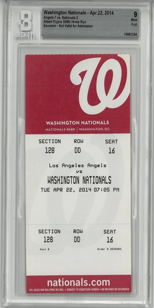 Albert Pujols 500th Homerun Souvenir Ticket - BGS Mint 9