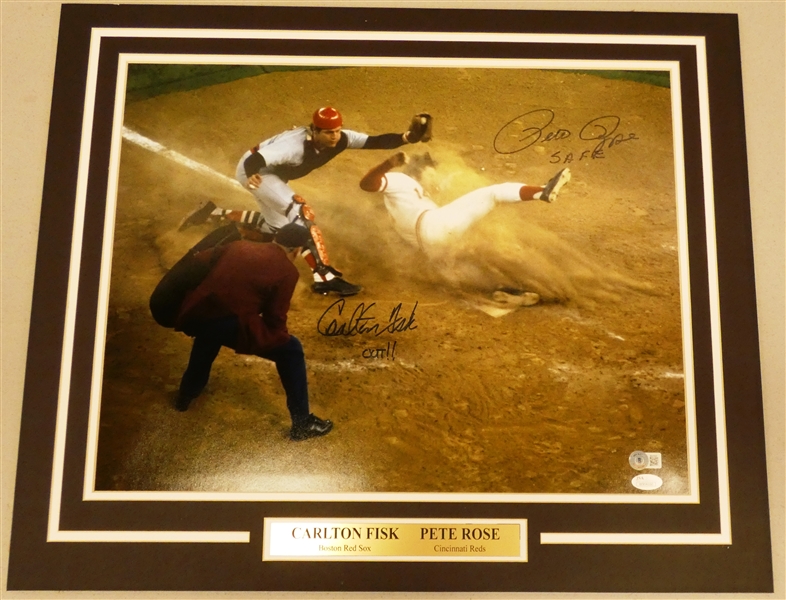 Carlton Fisk & Pete Rose Autographed Matted 16x20