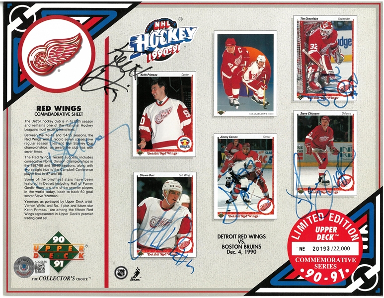 Yzerman, Primeau, Burr, Carson, Chiasson & Cheveldae Autographed UD Sheet
