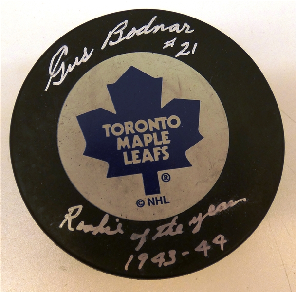 Gus Bodnar Autographed Maple Leafs Puck