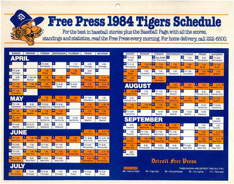 Detroit Tigers 11x14 1984 Schedule