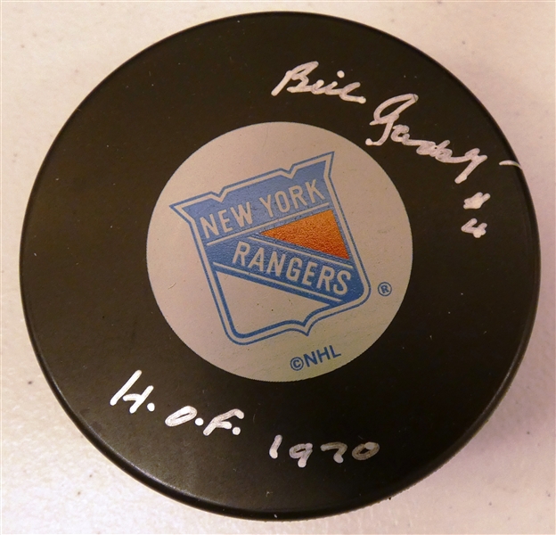 Bill Gadsby Autographed Rangers Puck