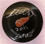 Moritz Seider Autographed Red Wings Puck