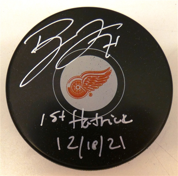 Dylan Larkin Autographed Red Wings Puck w 1st Hat Trick