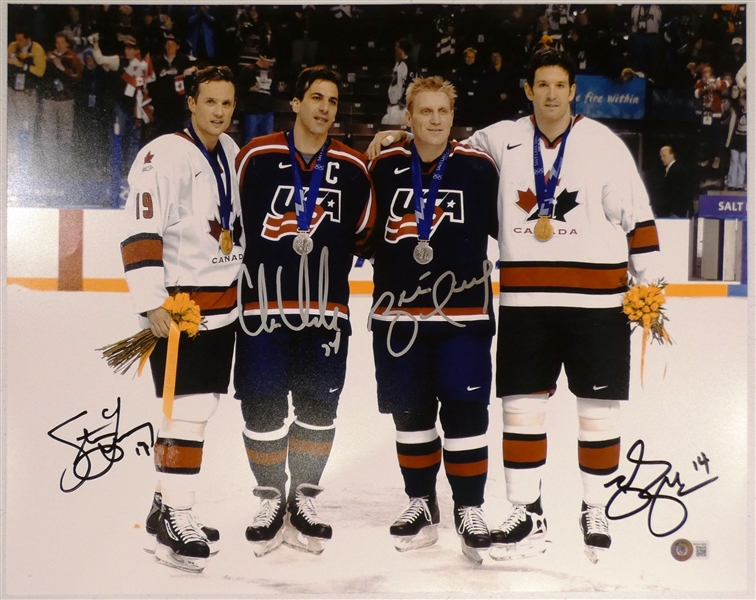 2002 Olympics Red Wings Autographed 16x20 (Yzerman, Chelios, Hull & Shanahan)