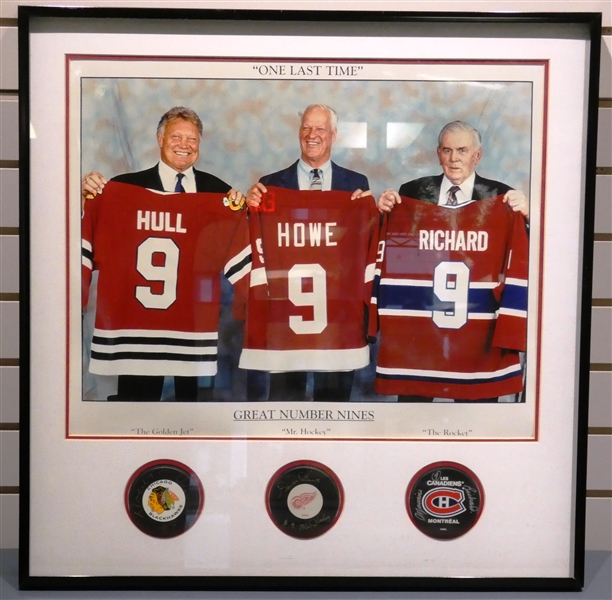 Howe, Hull & Richard Autographed Puck Display (Pick up only)