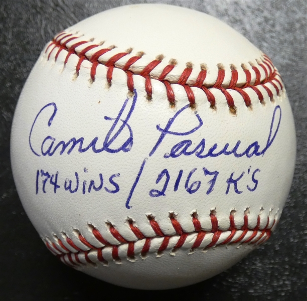 Camilo Pascual Autographed Baseball w/ Wins/Ks