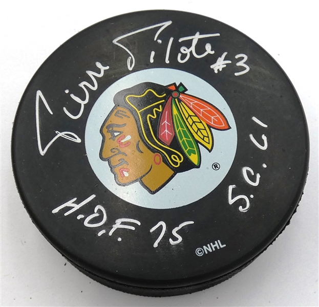 Pierre Pilote Autographed Inscribed Blackhawks Puck