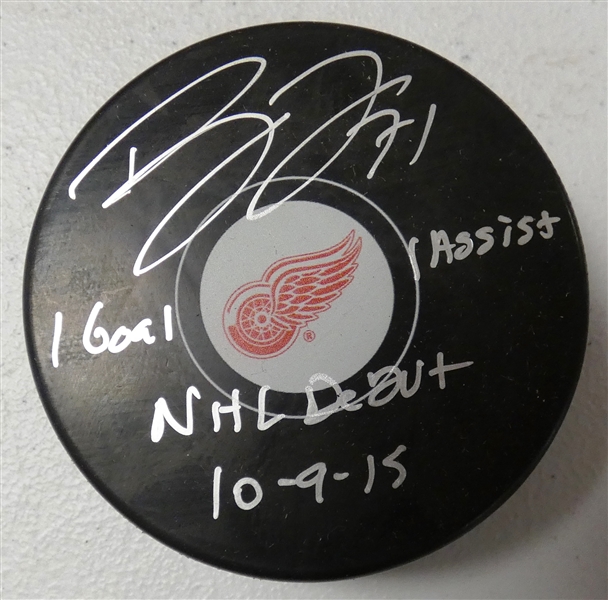 Dylan Larkin Autographed NHL Debut Inscribed Red Wings Puck