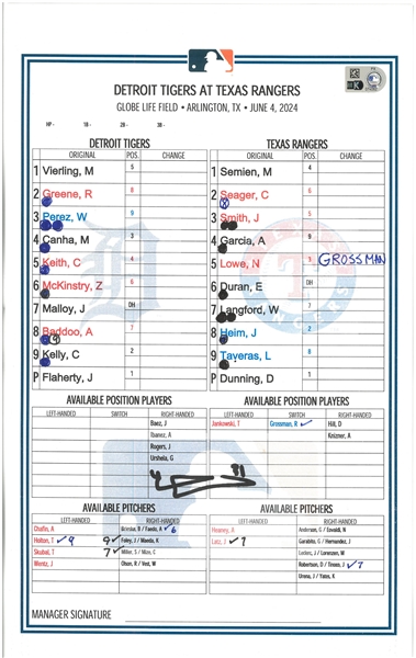 Riley Greene Autographed 6/4/2024 Line Up Card