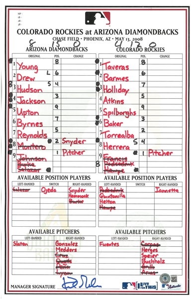 Kirk Gibson Autographed 5/13/08 Lineup Card