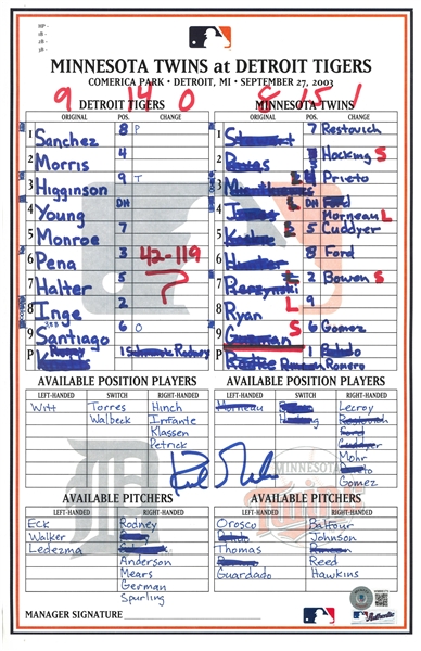 Kirk Gibson Autographed 9/27/03 Lineup Card