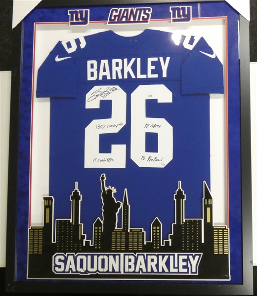 Saquon Barkley Autographed Framed Giants Jersey (Pick up only)