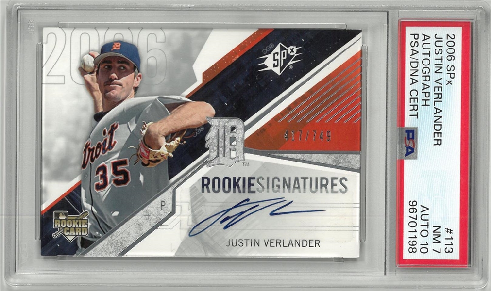 Justin Verlander 2006 SPx Autographed Rookie Card Auto 10 Card PSA NM 7