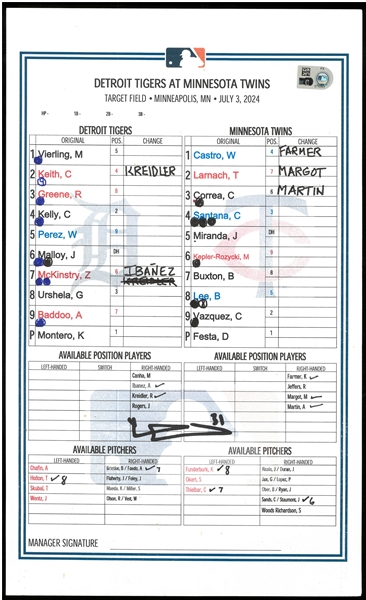 Riley Greene Autographed Line Up Card