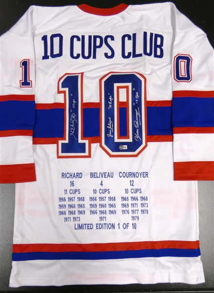 Canadiens 10 Cup Signed Jersey (Richard, Cournoyer, Beliveau)